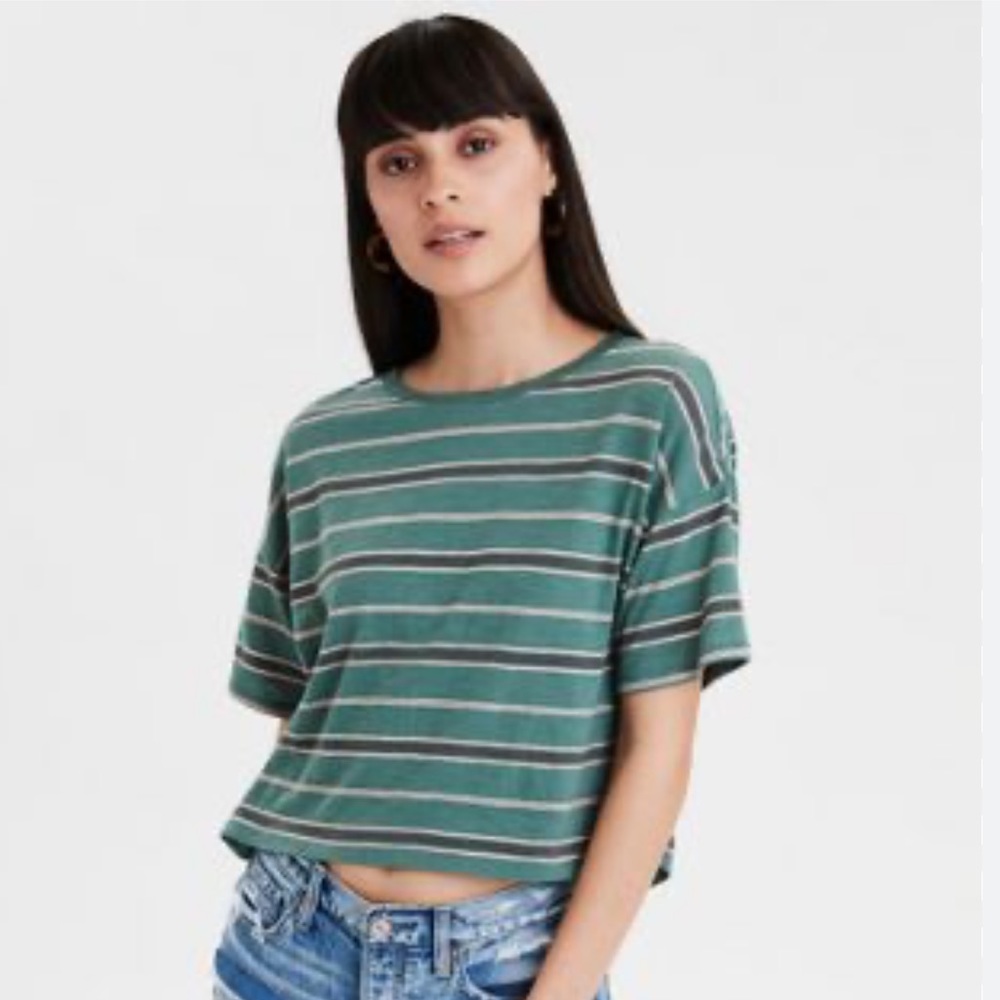 American Eagle Cropped Green Striped T-Shirt